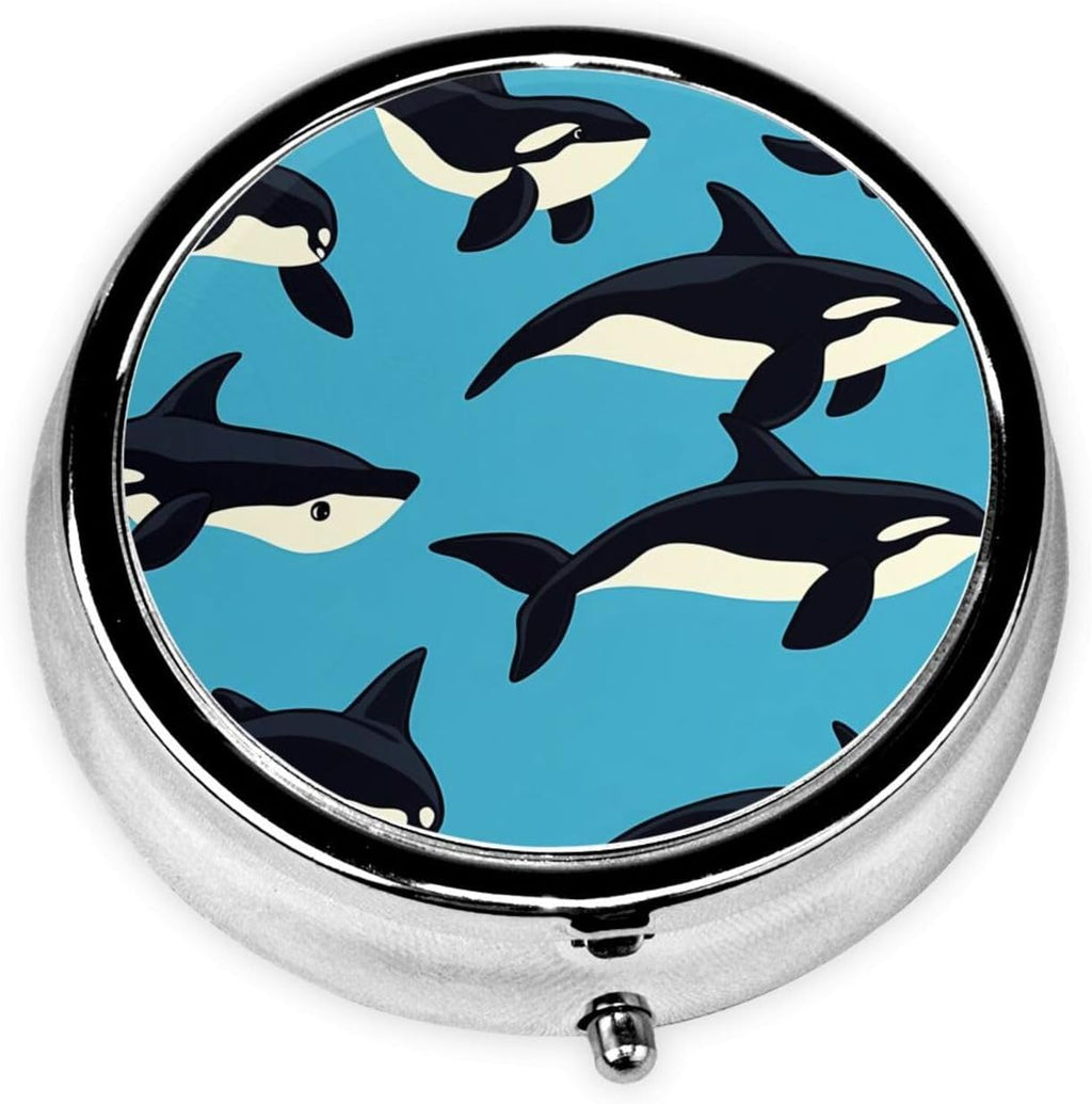Cute Dolphin Pill Box Travel Sea Whale Coral Round Pill Organizer with 3 Compartments Metal Medicine Case for Vitamins Fish Oil and Supplements