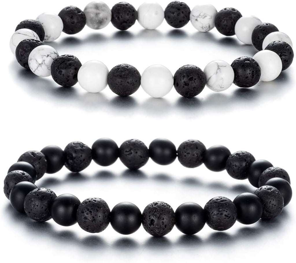 Softones 8MM Lava Rock Aromatherapy Anxiety Essential Black and White Intervals Beads Bracelet for Men Women, Friendship Couples Bracelets Gifts