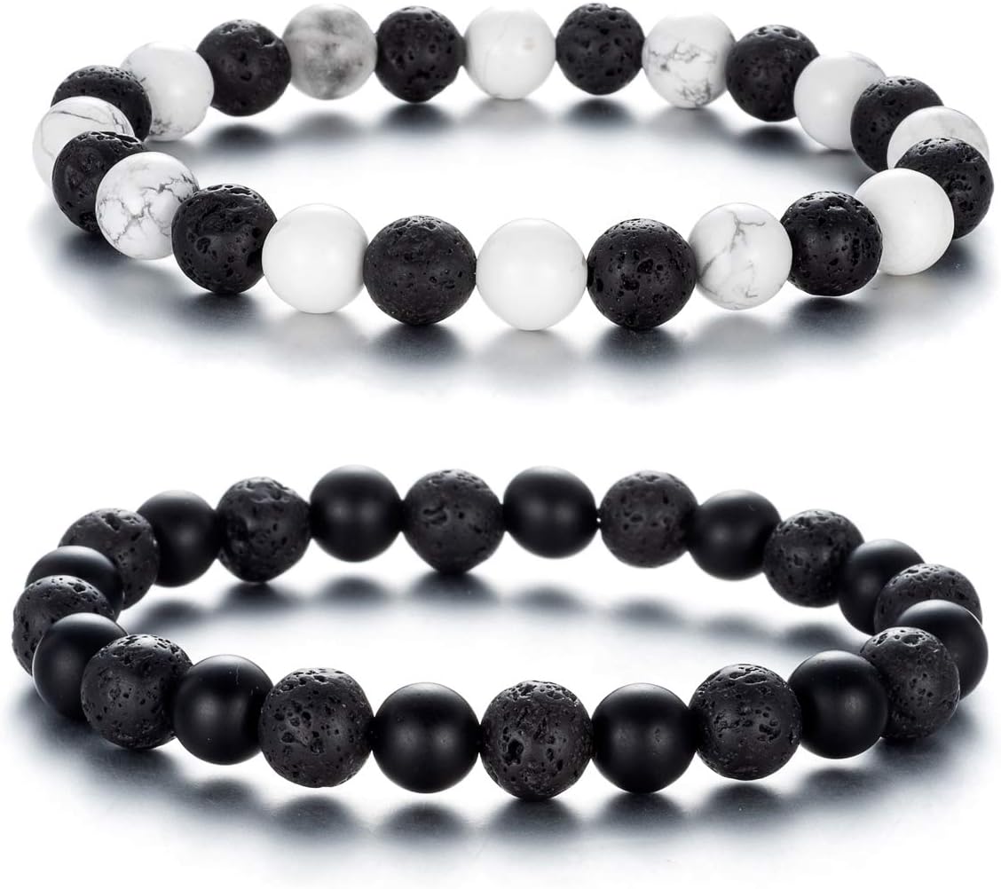 Softones 8MM Lava Rock Aromatherapy Anxiety Essential Black and White Intervals Beads Bracelet for Men Women, Friendship Couples Bracelets Gifts