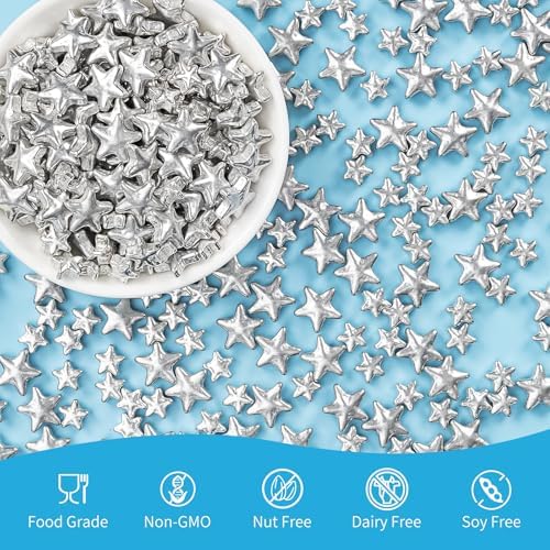 Silver Star Sprinkles,130g Mix Size,Edible Candy Star Sprinkle for Cake Decorations,,Sugar Decorations for Baking,Ice Cream,Cookies,Dessert,Donuts,Cupcake Toppers,Birthday Wedding Party Mother's Day Easter Supplies