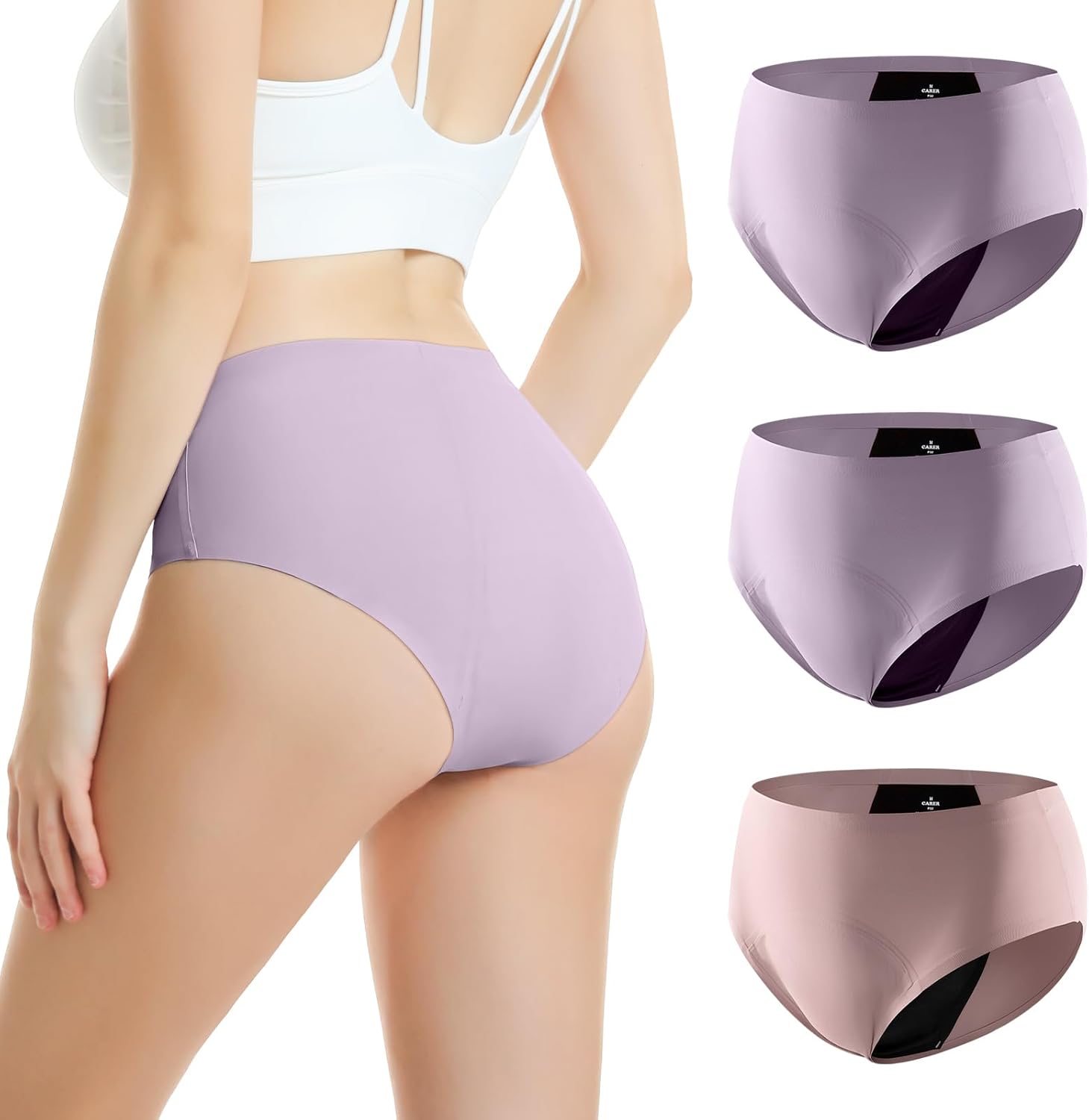 Carer 3 Pack Incontinence Underwear for Women, Washable Reusable Womens Absorbency Leakproof Incontinence Panties for Bladder Leak Protective Briefs L(2 Purple/1 Pink)