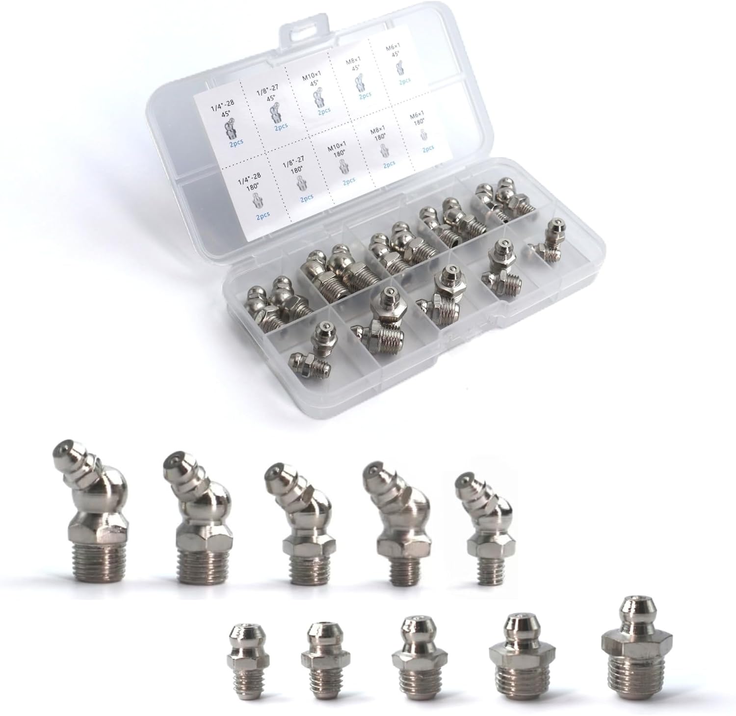 20 PCS SAE & Metric Grease Fittings Assortment, Hydraulic Grease Gun Fittings with 1/4'' 1/8'' M6 M8 M10 Straight, 45 Degree Zerks Kit for Automotive Industrial Machinery Lubrication