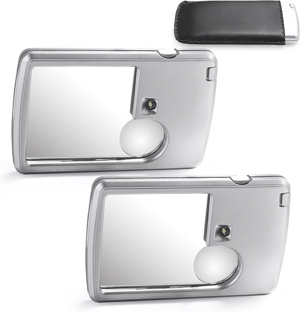 2 Pieces 3X 6X Pocket Magnifying Glass with Light, Card Type Magnifying Portable Glasses Lighted Magnifier for Reading Jewelry Menu Travel Contracts Home (Sliver)