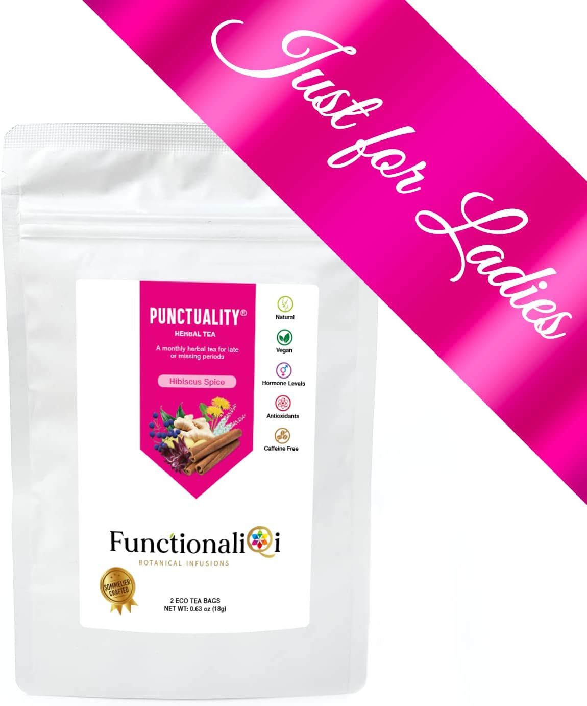 FunctionaliQi Punctuality Functional Herbal Tea Bags with Hibiscus Spice, Black and Blue Cohosh,Ginger, Dandelion for Late Menstrual Period (2 Eco Tea Bags)