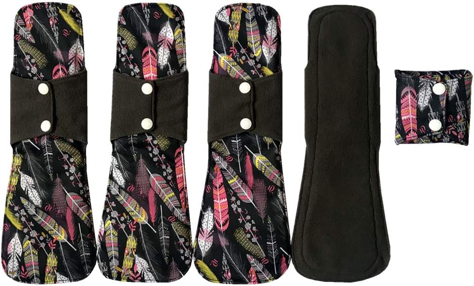 MUMBABY 5pcs 30.5cm / 12inch (Fit) Heavy Flow Charcoal Bamboo Mama Cloth/ Menstrual Pads/ Reusable Sanitary Pads (Feathers, Large)