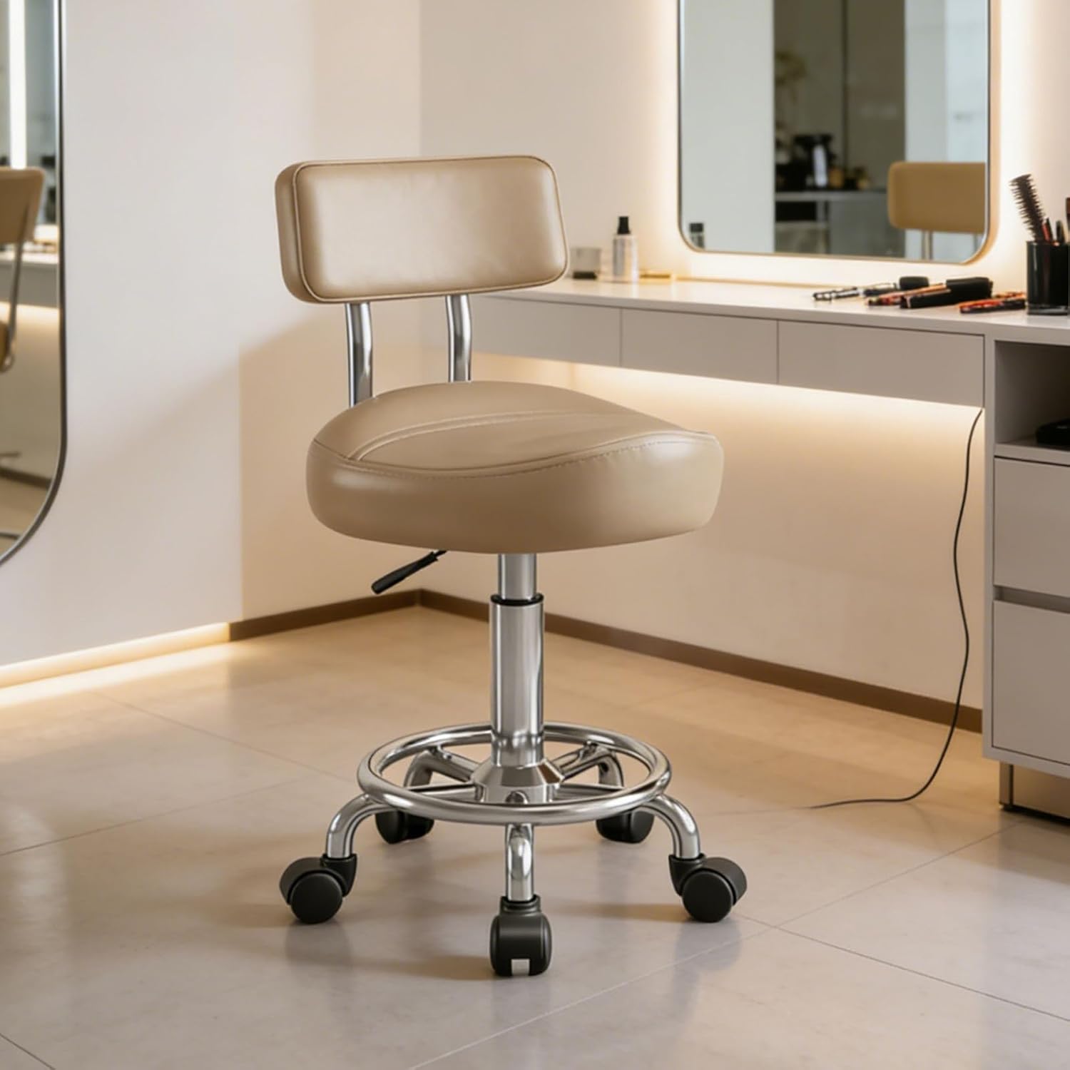 Saddle Stool with Back and Ring Pedal, Adjustable Hydraulic Rolling Chair with Wheels for Salon, Spa, Medical, Massage & Drafting Use Khaki