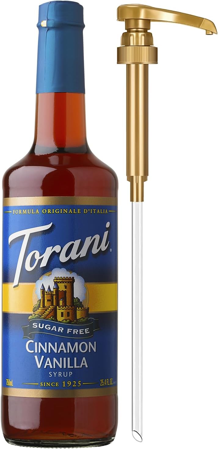 Torani Sugar Free Coffee Syrup, Cinnamon Vanilla Flavoring for Drinks, Zero Calorie, Glass Bottle with Pump Included, 25.4 Fl Oz