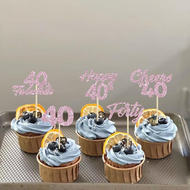 30Pcs Happy 40th Cupcake Toppers Pink Glitter Cheers to 40 Fabulous Cake Decorations for 40th Birthday Wedding Anniversary Party Supplies