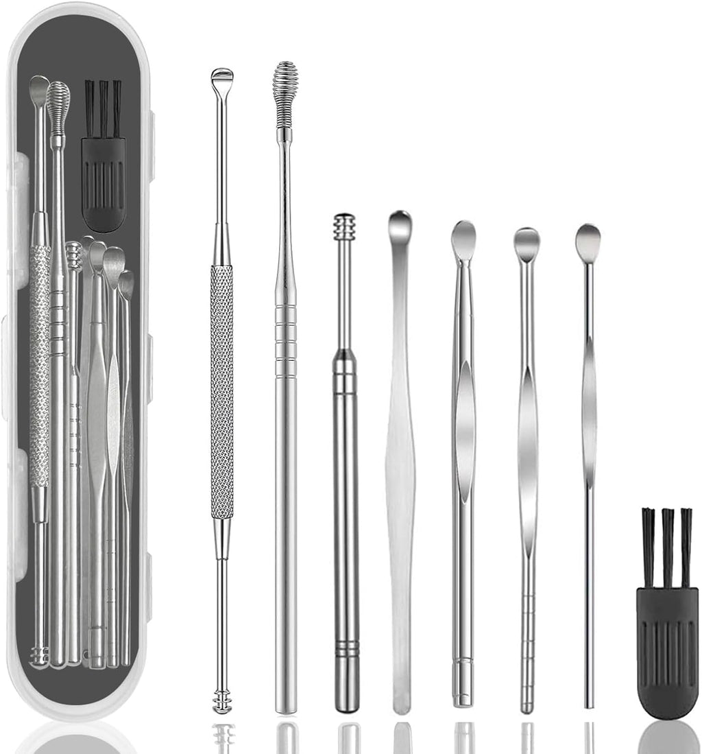 8 Pcs Ear Wax Removal Kit,Professional Double-Headed Ear Pick Earwax Removal Tools,316L Stainless Steel Ear Cleaner Curette with Cleaning Brush and Storage Box,Suit for Kid Adult(Silver)