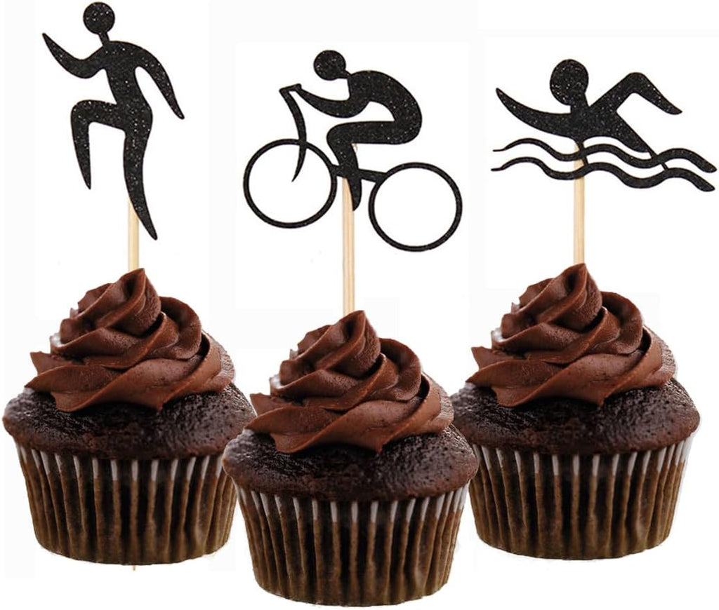 Morndew 24 PCS Black Glitter Triathlon Cupcake Toppers Swimming Running Cycling Picks for Sports Theme Party Anniversary Party Birthday Party Baby Shower Wedding Party Decorations
