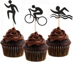 Morndew 24 PCS Black Glitter Triathlon Cupcake Toppers Swimming Running Cycling Picks for Sports Theme Party Anniversary Party Birthday Party Baby Shower Wedding Party Decorations