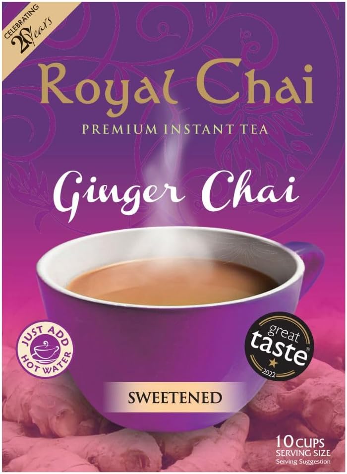 Royal Chai | Ginger Chai Sweetened | 10 Count Single Box | All Natural, No Preservatives | Premium Instant Tea | Made in the UK