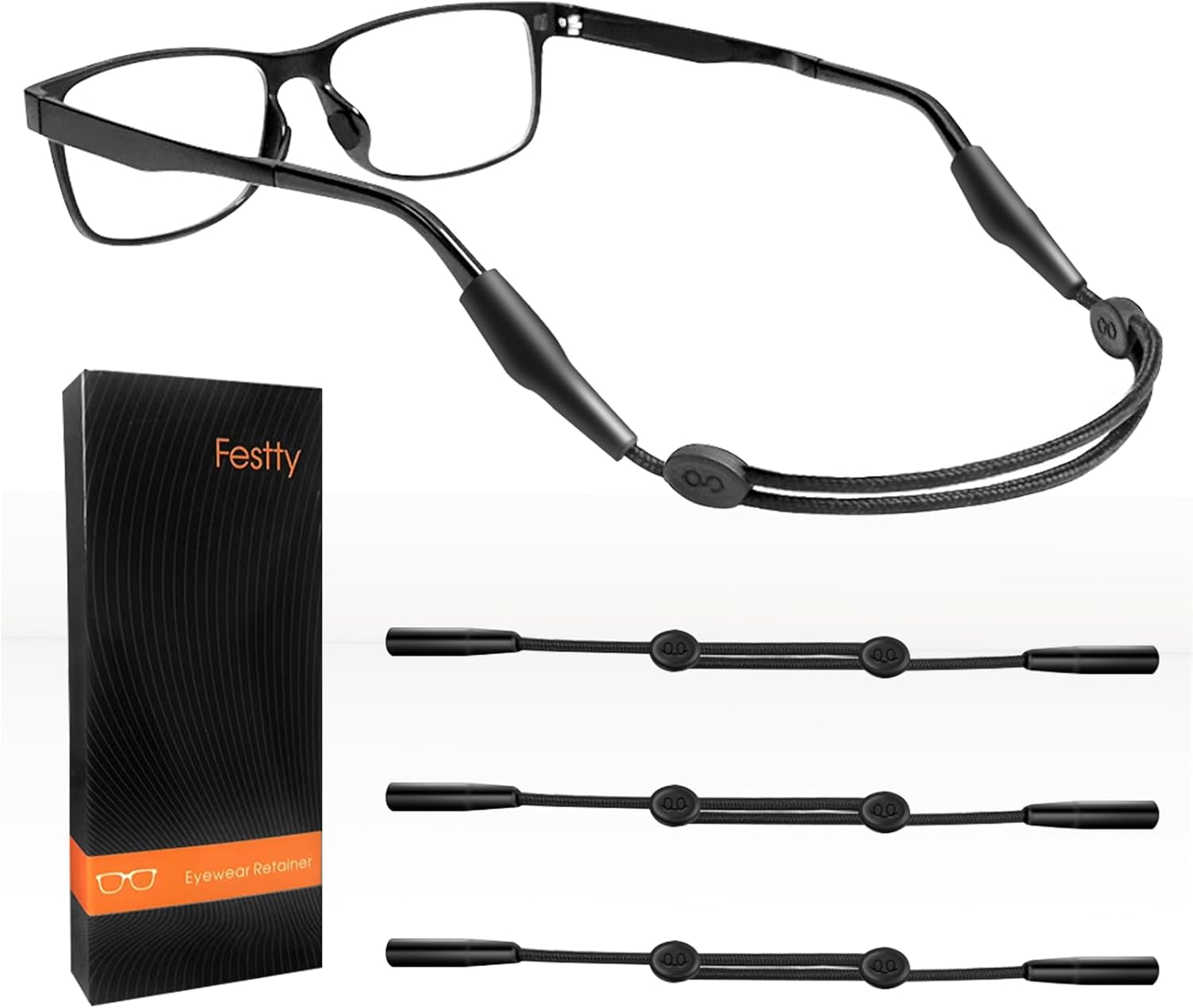 Festty Glasses Strap Sports 3 pcs, Eyeglasses Strap Holder for Kids Women Men, Adjustable Sunglasses lanyard string chain，Reading eye glasses holders around neck, Eyewear Retainer (Black)