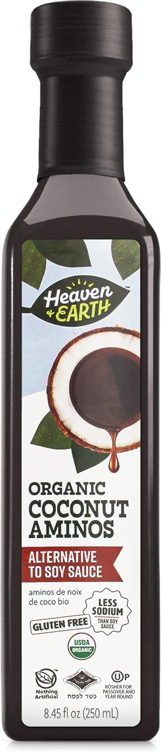 Heaven & Earth Organic Coconut Aminos, 8.4 oz | Soy Free | Paleo Friendly | Low Sodium | Soy Sauce Replacement | Kosher (Including Passover)
