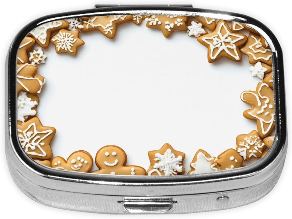 Christmas Gingerbread Cookies Snowflake Print Small Pill Case, Metal Square Travel Pill Organizer Portable Mini Pill Box 2 Compartments for Vitamin, Cod Liver Oil, Supplement
