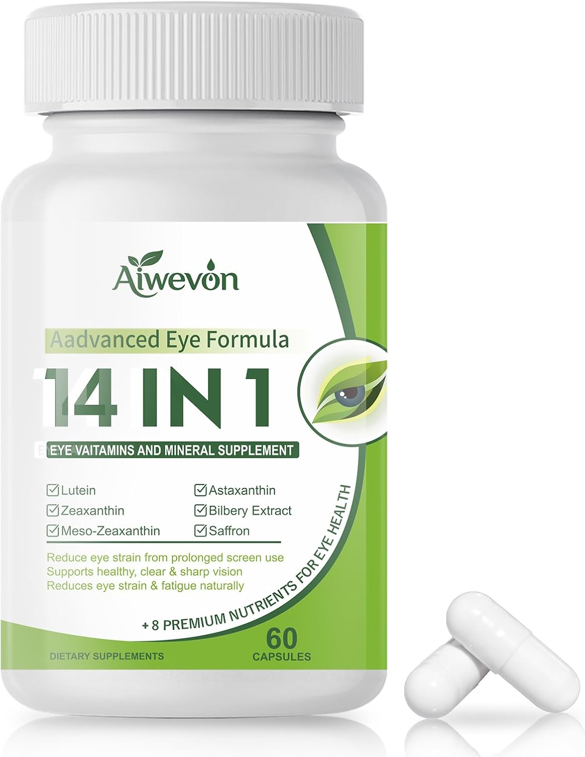 14 in 1 Eye Vitamins Supplement for Vision & Eye Health – Lutein and Zeaxanthin Macular Support Formula for Clear Vision – Eye Supplements for Adults & Seniors, 60 Capsules