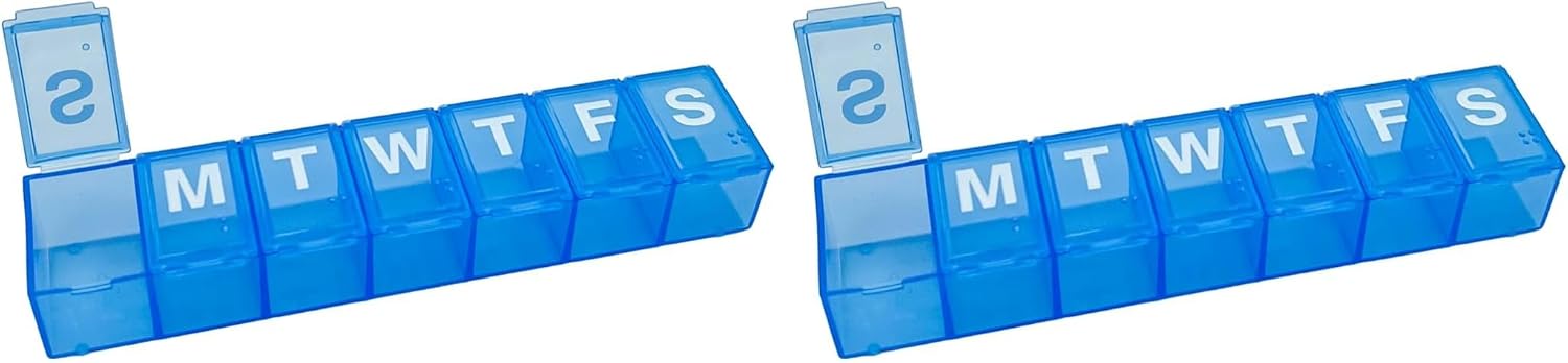 Amazon Basic Care Weekly Pill Organizer, 7-Day, Medium Compartments, Medicine Box, Blue (Pack of 2)