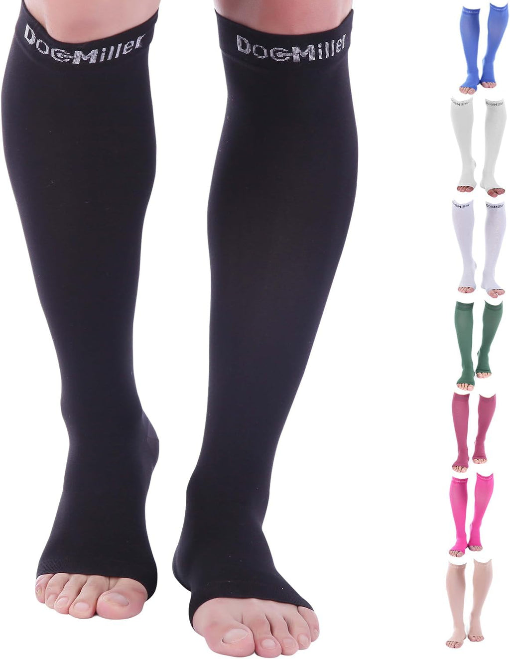 Doc Miller Open Toe Compression Socks for Men & Women, 30-40 mmHg Knee High Support, Toeless Design for Daily Leg Comfort, Breathable Nylon Spandex, 1 Pair