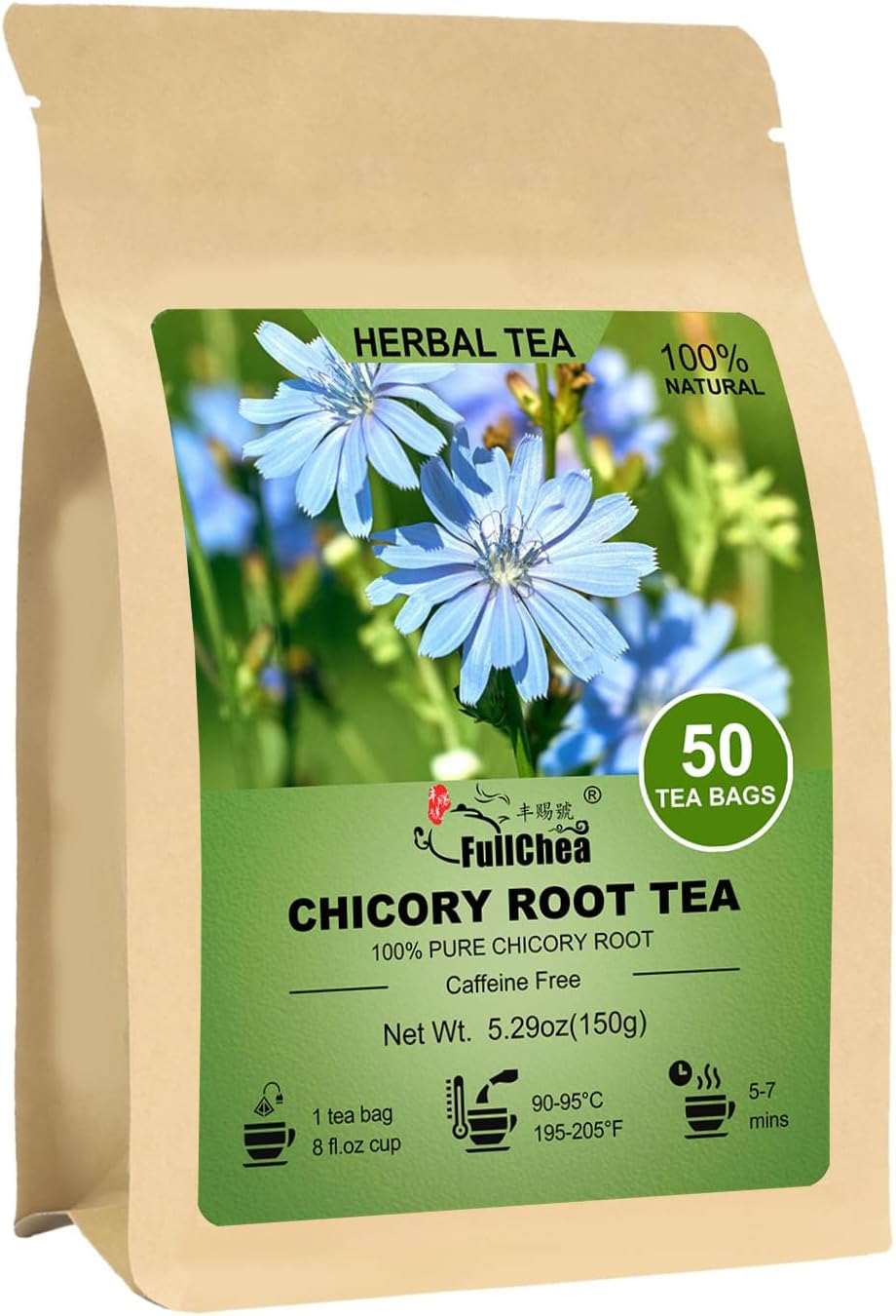 FullChea - Chicory Root Tea, 50 Teabags - Pure Chicory Root Herbal Tea - Coffee Alternative - Non-GMO - Caffeine-free - Support Liver Health & Rich in Antioxidants