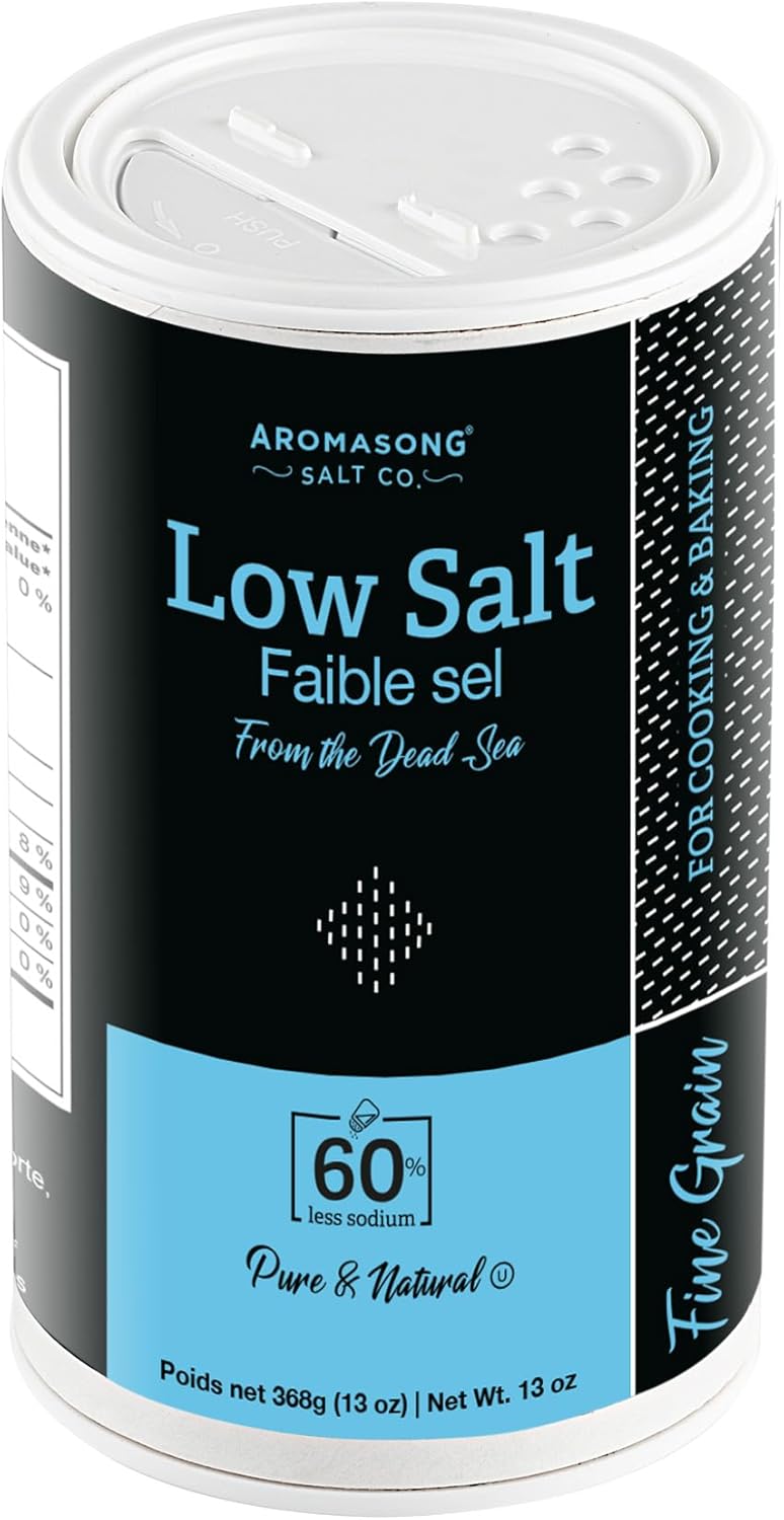 Aromasong Low Sodium Sea Salt 13 OZ. Salt Shaker 100% Natural Fine Grain Dead Sea Potassium Chloride with Dead Sea Salt.
