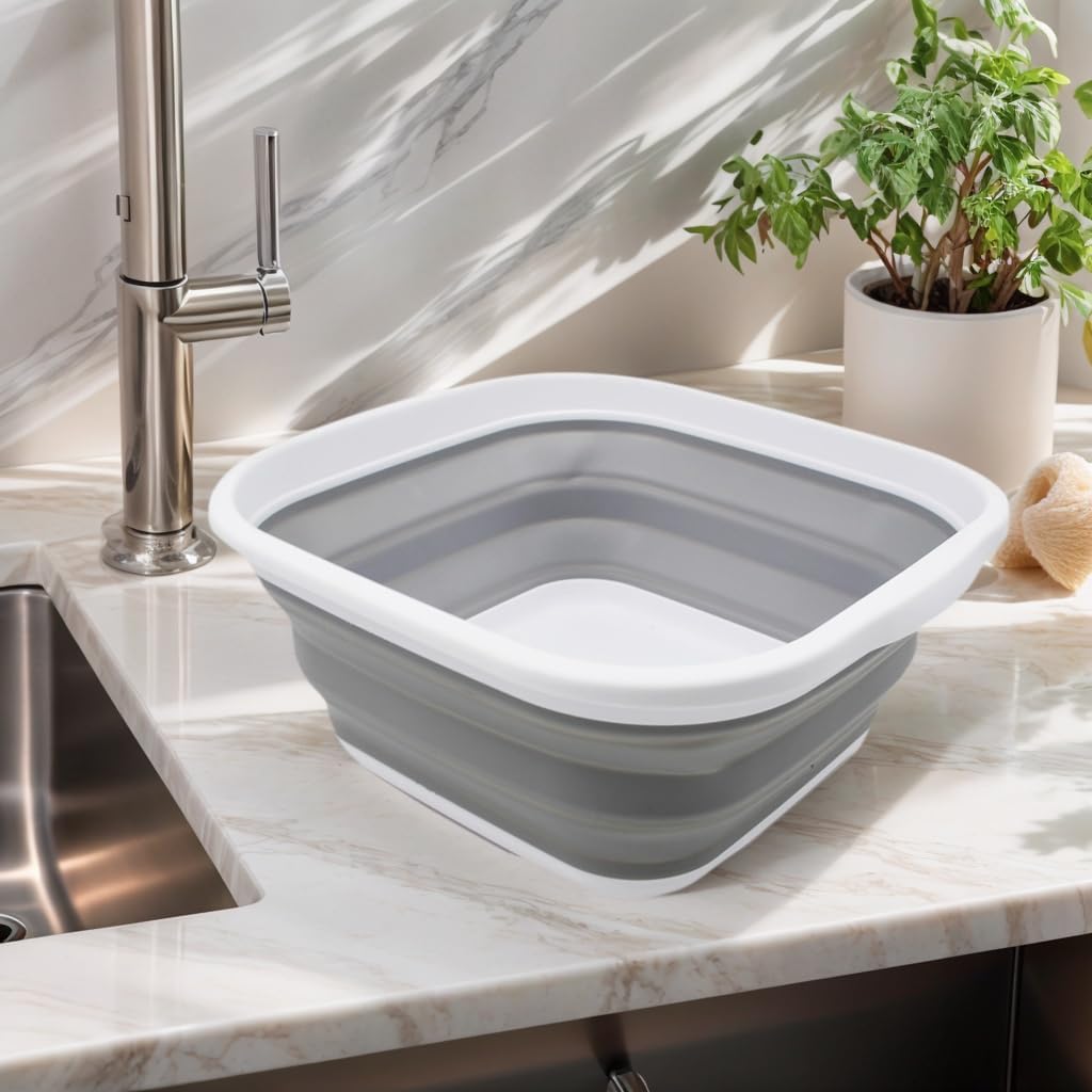 SAMMART 5.5L (1.4 Gallons) Collapsible Tub-Foldable Dish Tub-Portable Washing Basin-Space Saving Indoor/Outdoor & Canping Plastic Washtub/Dish Pan (1, White/Grey)