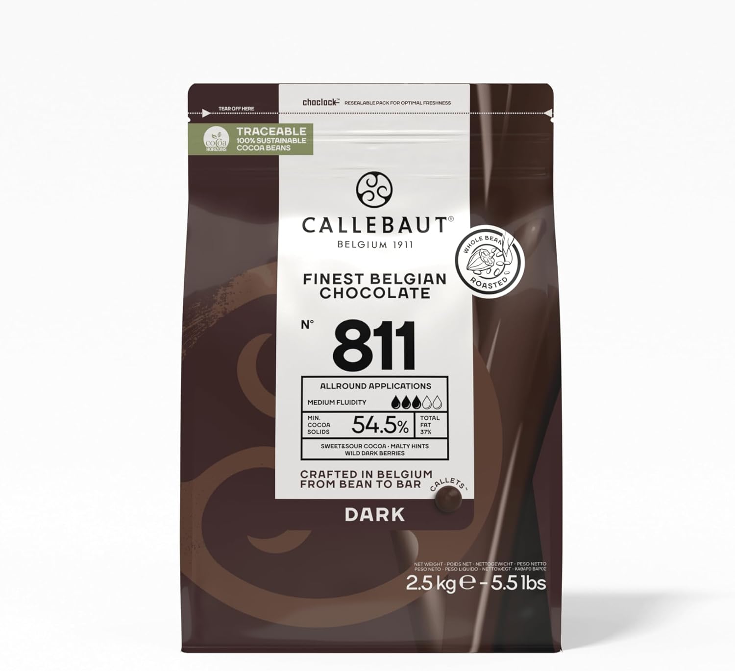Callebaut Recipe No. 811 Finest Belgian Dark Chocolate With 54.5% Cacao, 5.51 Pound