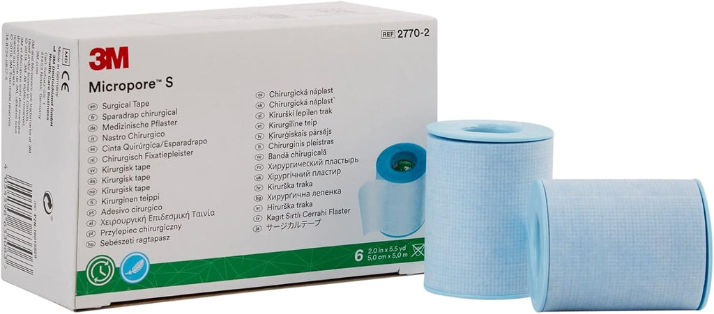 3M Micropore Medical Tape, Non-Sterile, Silicone, Blue, 2 in x 5 1/2 yds, 6 Rolls, 1 Pack