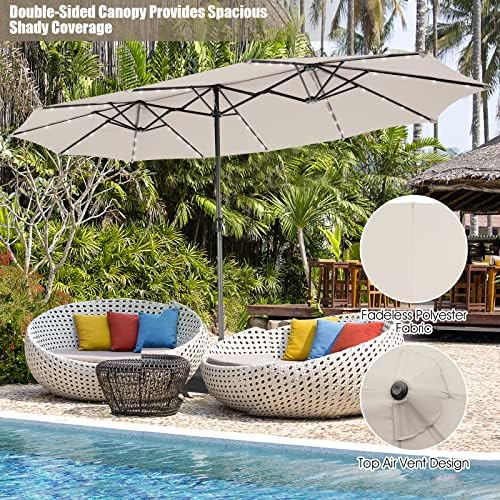 Giantex 15ft Large Outdoor Umbrella Double-Sided, 48 Solar Lights, Auto-Charging Solar Panel, Extra Large Patio Umbrella with Base and Crank, Outdoor Market Umbrellas for Poolside Garden