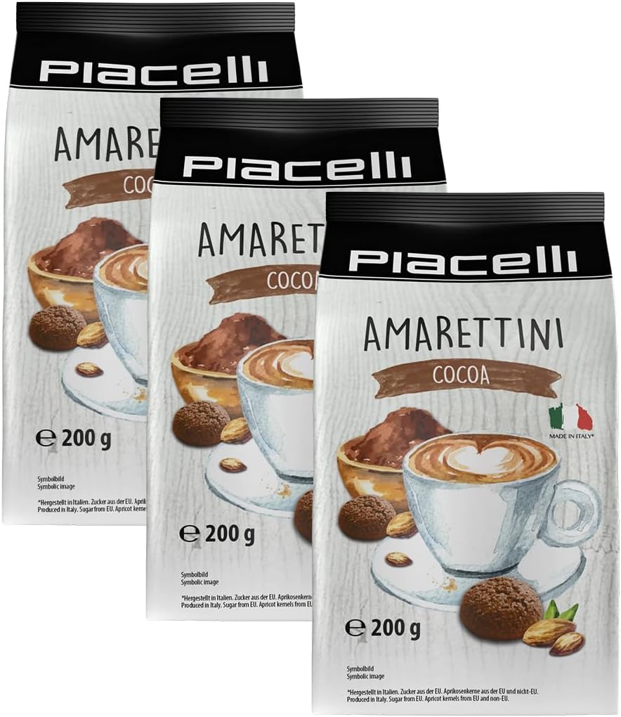 PIACELLI Amaretti Coca Biscuits - Authentic Italian Cookies with Almond, Apricot Kernels & Rich Cocoa Flavor - Crunchy Snack for Desserts & Coffee Pairings – Pack of 3 (200g each)