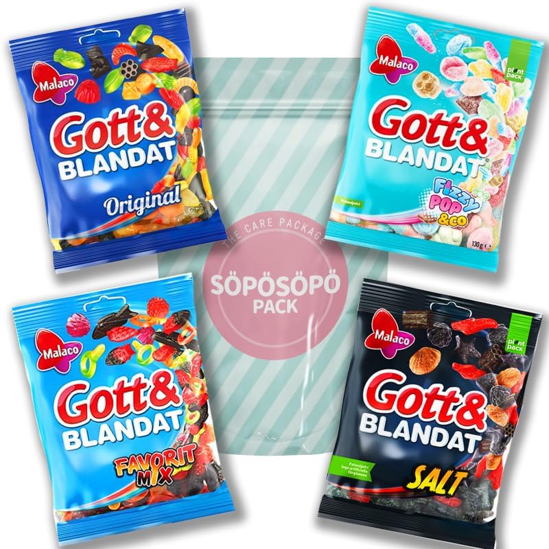 Malaco Gott & Blandat Gummy Licorice Set 4 Flavor packs - Chewy - Salmiakki - Gummy Candies - Sweets Candy Box -Sweden in a SOPOSOPO Box (Total of 4 items) SÖPÖSÖPÖ