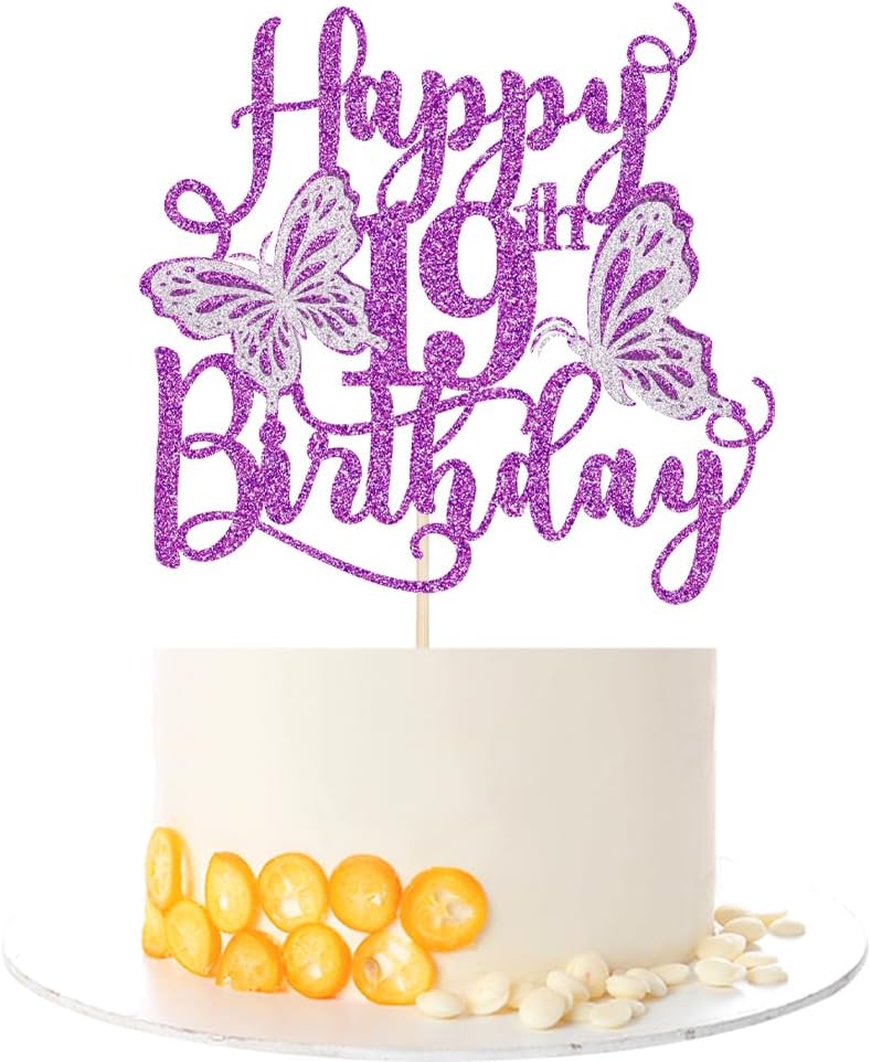 Kaoenla Butterfly Happy 19th Birthday Cake Topper, Glitter 3D Butterfly Theme 19th/nineteen Birthday/Anniversary Party Cake Decor (19th, Purple)