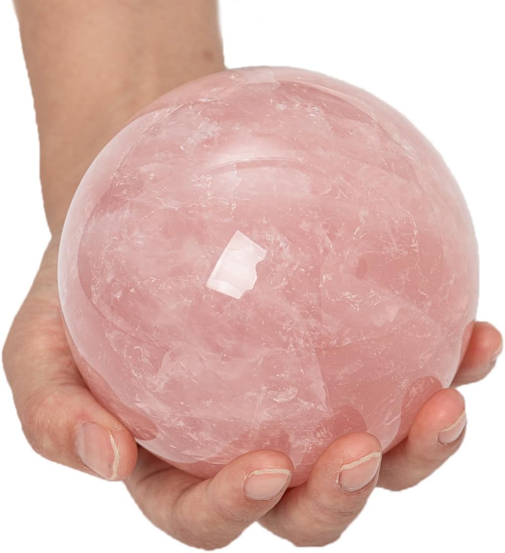 Large Rose Quartz Crystal Sphere Natural Pink Healing Crystal Ball with Stand Meditation Decorative Balls Home Decor 100-110mm/3.9-4.3"