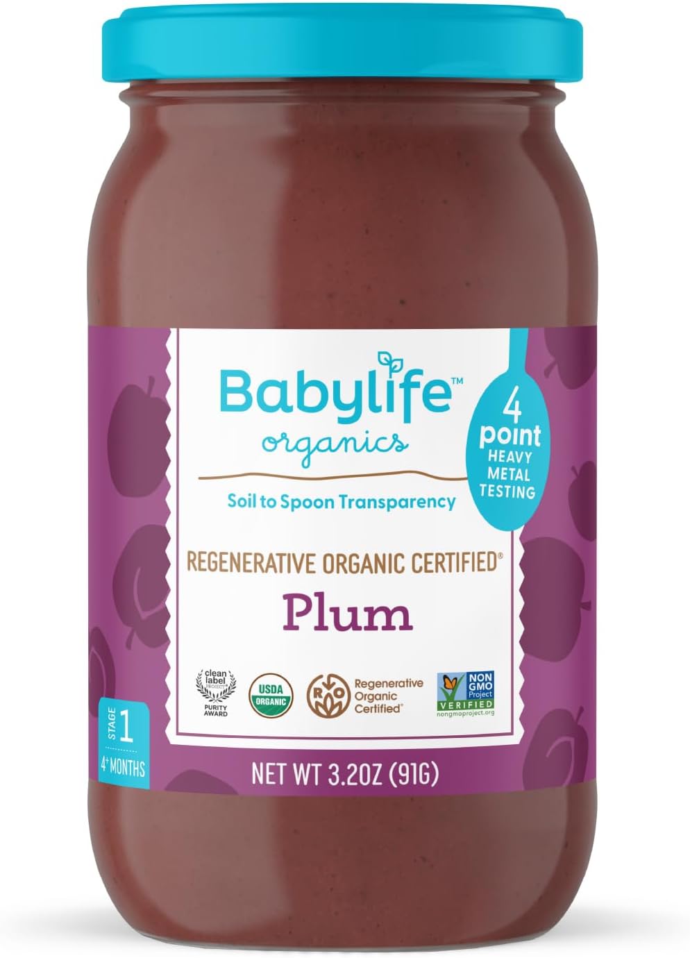 Babylife Organics Stage 1 – Heavy Metal Safe, Organic Baby Food - Plum, 3.2 Ounce Jar (1 Pack)