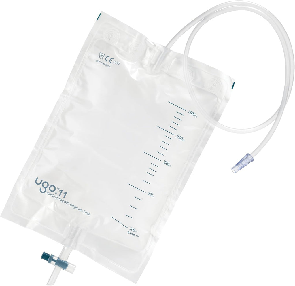 Ugo 2L Night Bags (x10) – Urine Drainage Bags/Catheter Night Bags, T Tap or Lever Tap with Kink Free Connection (Pack of 10) (Ugo 11 - Single Use T Tap, Sterile)