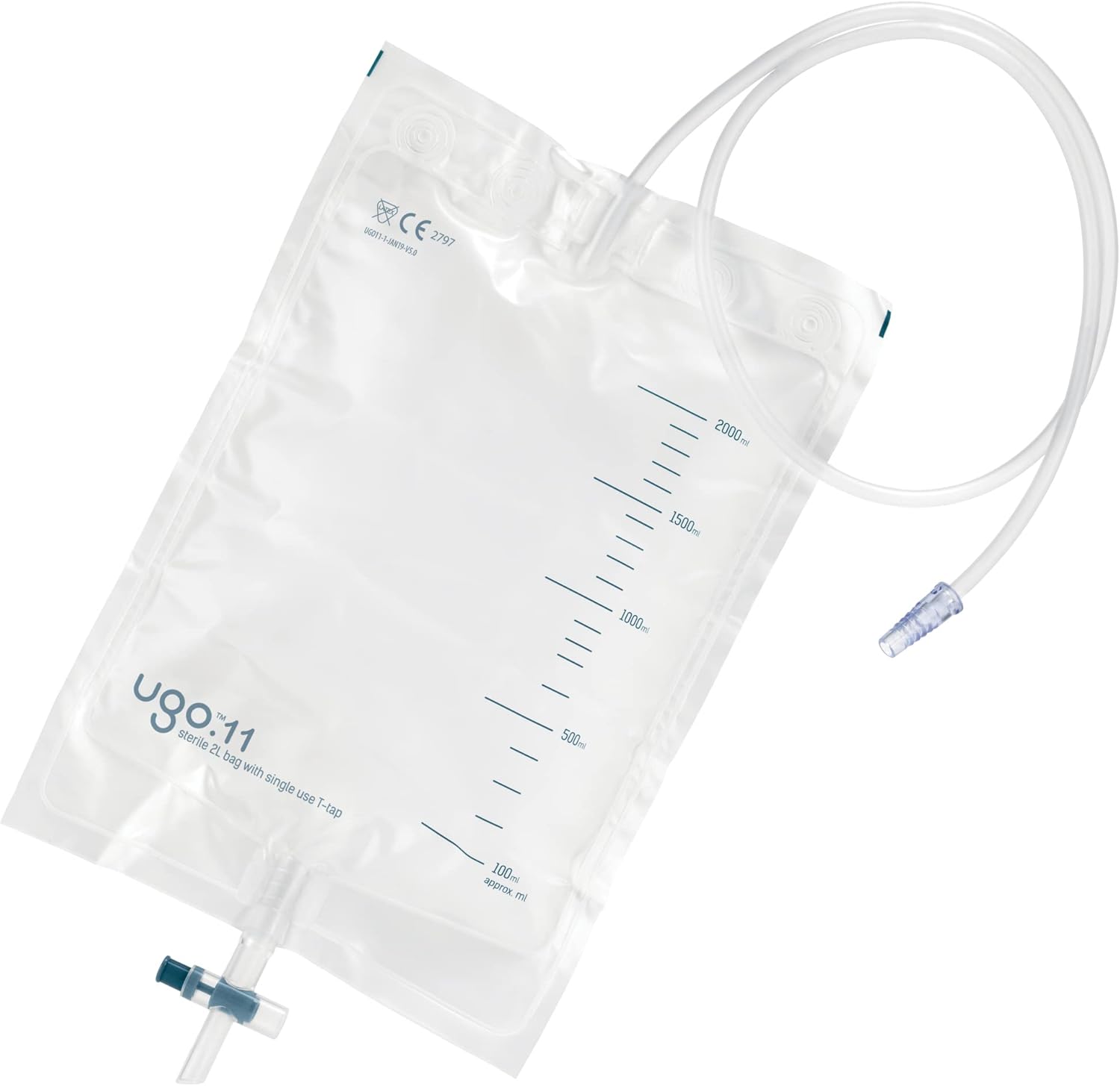 Ugo 2L Night Bags (x10) – Urine Drainage Bags/Catheter Night Bags, T Tap or Lever Tap with Kink Free Connection (Pack of 10) (Ugo 11 - Single Use T Tap, Sterile)