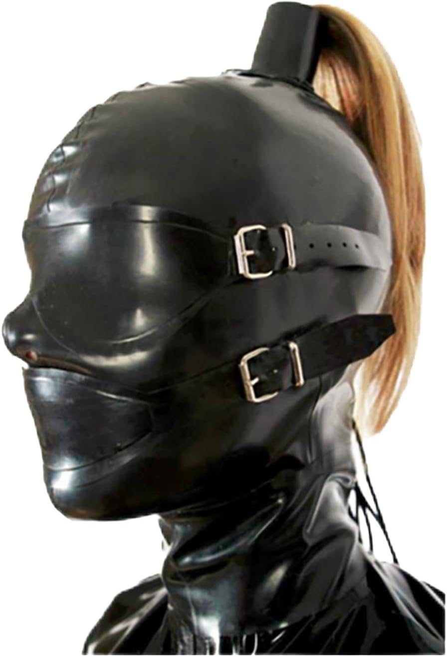 Latex Hood with Eye Patch and Braids, Sex Face Mask with Zipper and Plait, for BDSM, Party, Cosplay, Holiday