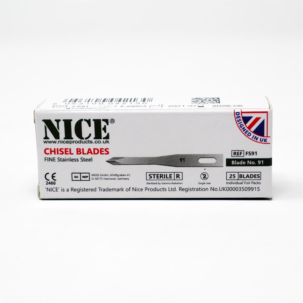 25 x NICE FINE 91 Sterile Stainless Steel Chisel Blades with Four Sided Spear Point Tip for Hair Transplant Surgery FS91