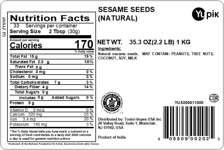 Yupik Natural Sesame Seeds, 2.2 lb (35.2 oz), Gluten-Free, GMO-Free, Kosher, Vegan, Raw, Unroasted, Unsalted, Plant-Based Protein, Source of Fiber & Iron, Ideal for Topping, Cooking & Baking