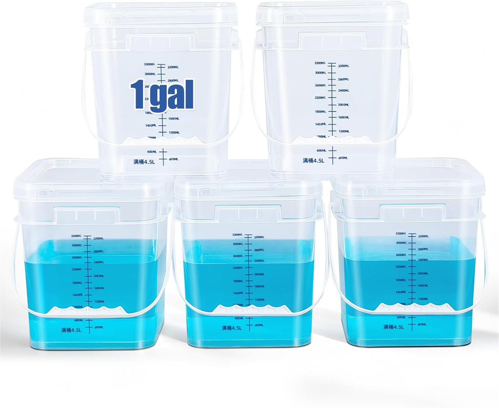 ASEVAT Square 1 Gallon Bucket with Lid, 5 Pack Clear Food Grade Storage Containers with Lids, Pail Container with Handle, Bucket for Cleaning Heavy-Duty Extra Durable BPA Free