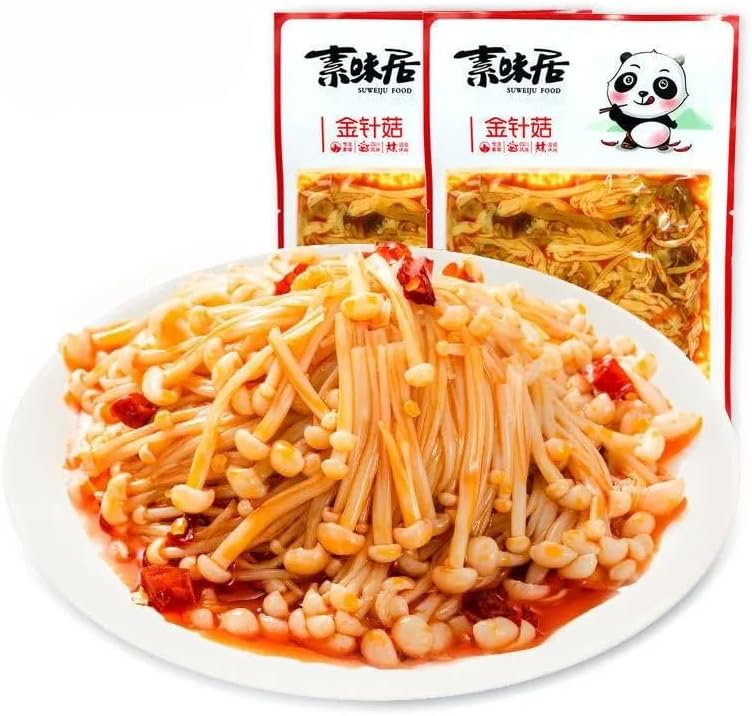 Instant Fresh spicy golden enoki mushroom 60g*3/6/9 bag,Spicy strips latiao,Marinated vegetables，red oil enoki mushroom，pickles,Chinese snacks,side dishes,office casual Dishes，vegetarian (3 bags)
