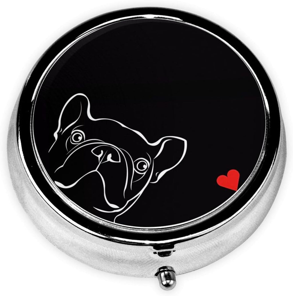 French Bulldog Dog Printed Round Travel Pill Box Cute Small Metal Pocket Pill Case for Men & Women 3 Compartment Portable Pill Organizer for Purse or Pocket