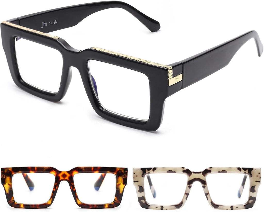JM 3 Pack Oprah Style Reading Glasses for Women Men, Fashion Square Blue Light Blocking Readers