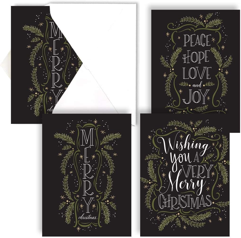 Canopy Street Christmas Pines Typography Cards / 24 Holiday Cards With White Envelopes / 5'' x 7'' Winter Greeting Cards / 3 Festive Designs With Inside Verses/Made In The USA