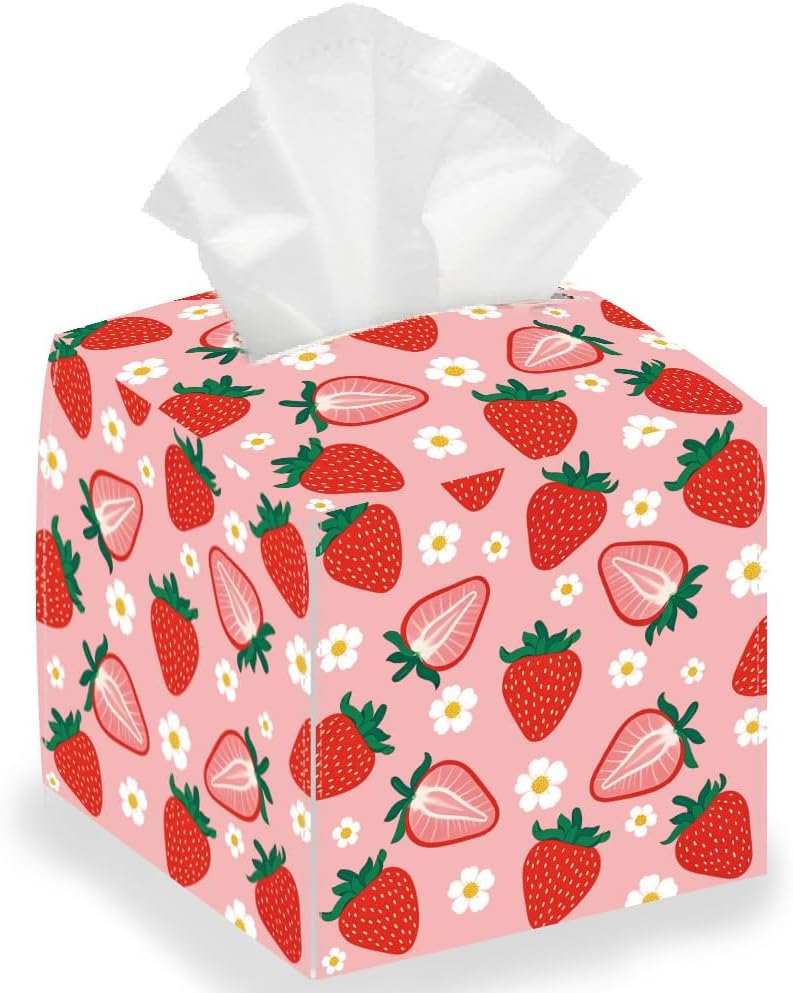 Sweet Strawberry Tissue Box Holder Leather Square Foldable Facial Paper Decorative Tissue Box Cover Paper Towel Case Organizer for Tabletop Bathroom Vanity Countertop Home Car Office
