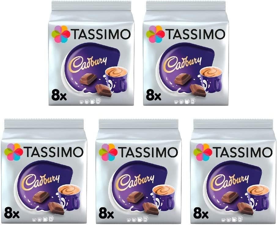 TASSIMO Cadbury Hot Chocolate Drink 16 Discs, 8 Servings (Pack of 5, Total 80 Discs/pods, 40 Serving