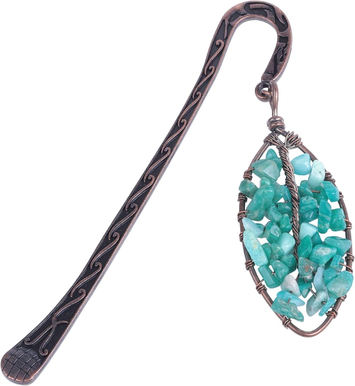 Handmade Tumbled Gemstones Antique Copper Metal Bookmark Chakra Healing Crystals Tree of Life Charm, Amazonite
