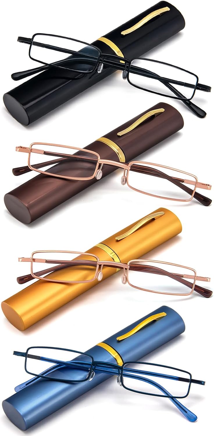REAVEE 4 Pack Slim Pen Reading Glasses Small Tube Readers for Men Women Spring Hinged with Portable Clip Case, Black Brown Gold Blue 2.5