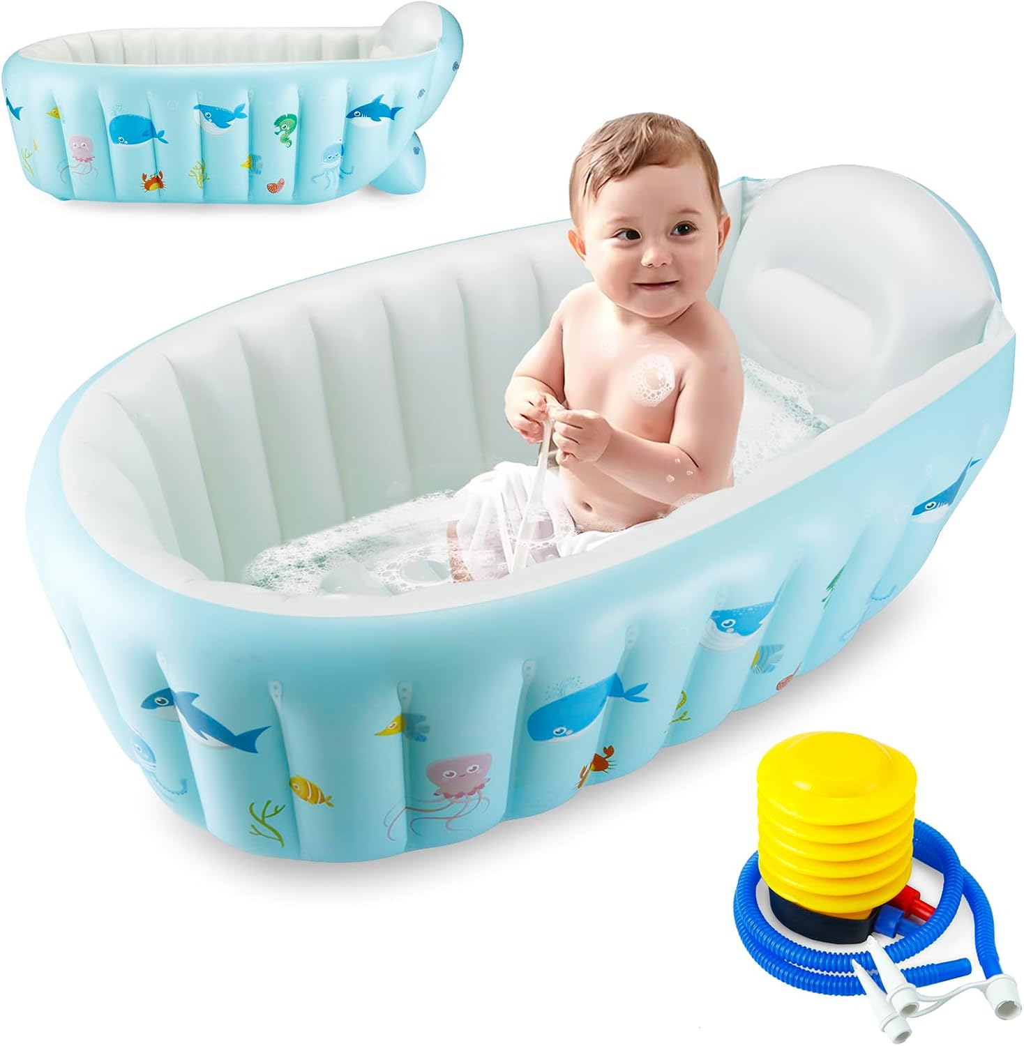 PandaEar Baby Inflatable Bathtub, Portable Travel Baby Infant Bath Tub Toddler Bathtub with Air Pump, Foldable Non-Slip Shower Basin Mini Air Swimming Pool for Newborn (Whale Blue)