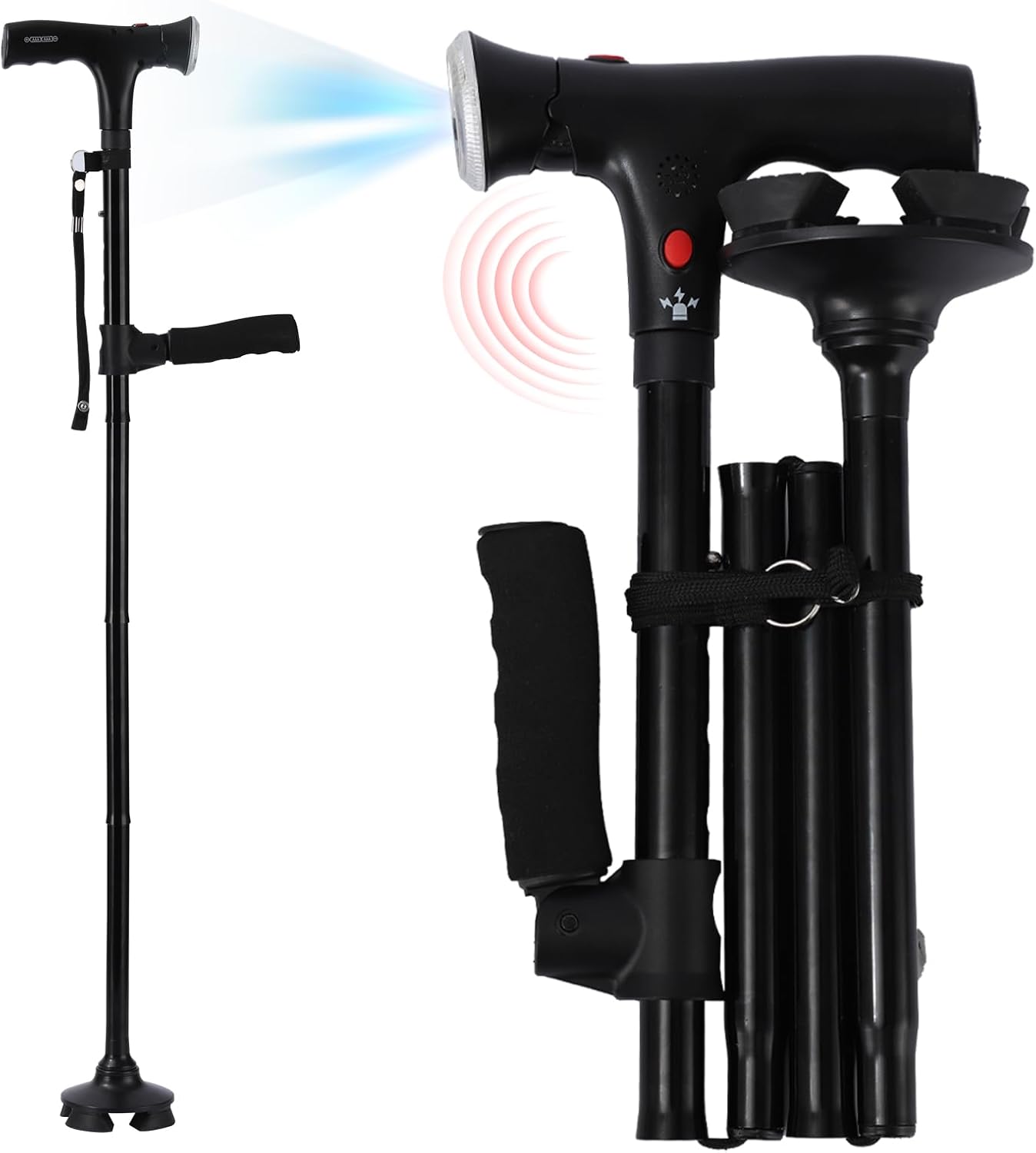 Cane Hero Walking Cane, Ready Walker Cane with Light and Alarm, Smart Walking Cane for Women, Adjustable Suitable for Arthritis Disabled and Elderly, with Cushioned T Handle and Swivel Four Pedestal