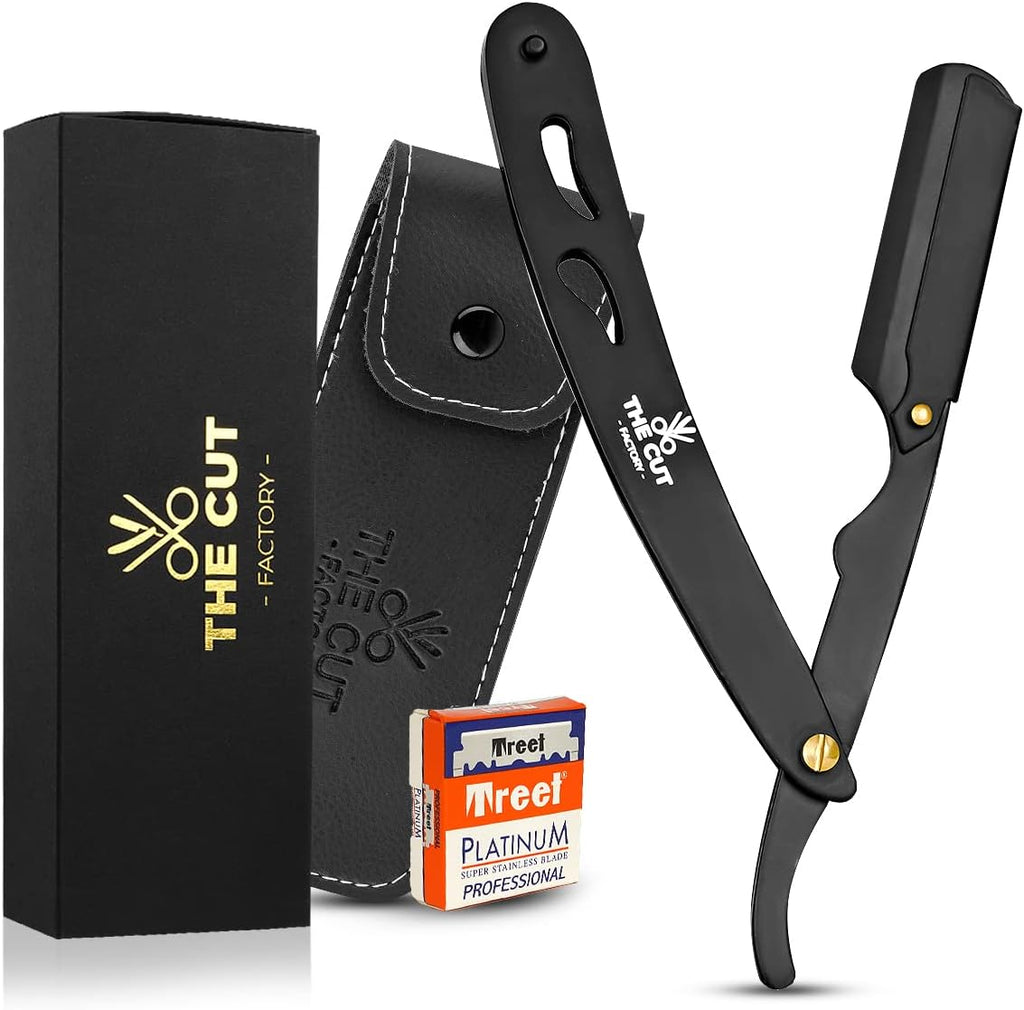 The Cut Factory® Straight Razor for Men Professional Barber Straight Edge Razor for Comfortable Smooth Shave. Gift Box Leather Pouch 20 Single Edge Blades. Our Blades Never Fall
